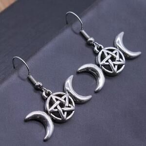 Crescent moon pentagram silver tone earrings